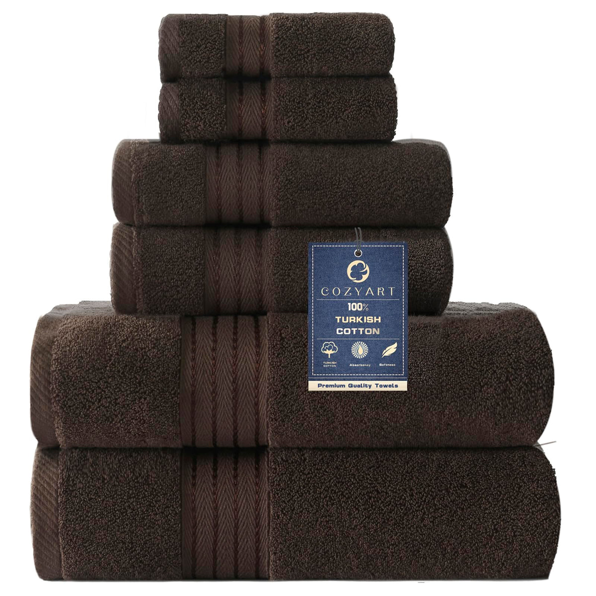 COZYART Luxury Bath Towel Set 6 Pcs, Dark Green 100% Turkish Cotton 650 GSM