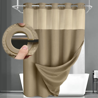 No Hook Shower Curtain with Liner Set Hotel Waffle Curtain Black 72W X 75L