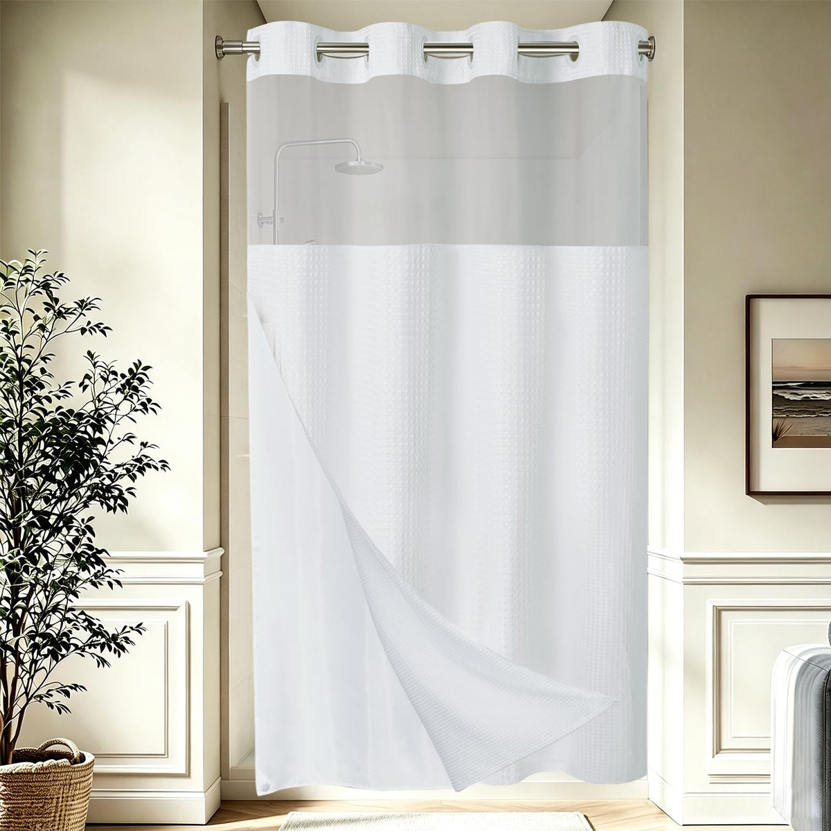 256GSM Heavyweight Ringless Waffle Shower Curtain with Liner, 71x74, Grey