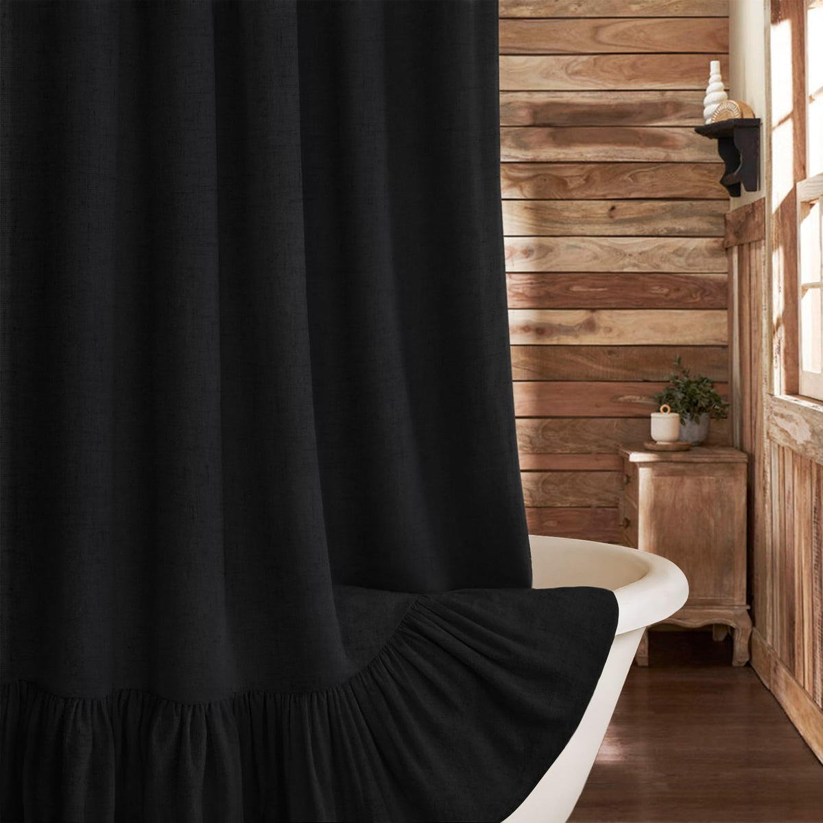 Farmhouse Shower Curtain Ruffle Linen Cream-Green Stripe 72"W x 72"L