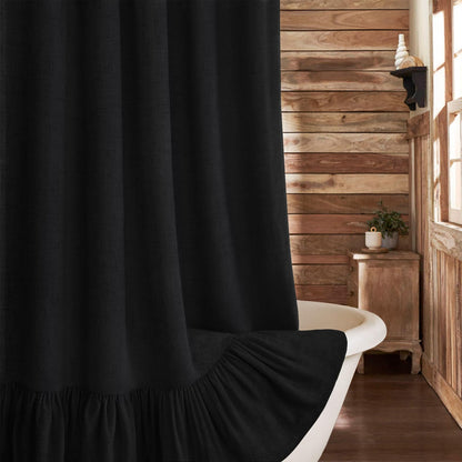 Farmhouse Shower Curtain Ruffle Linen Cream-Green Stripe 72"W x 72"L