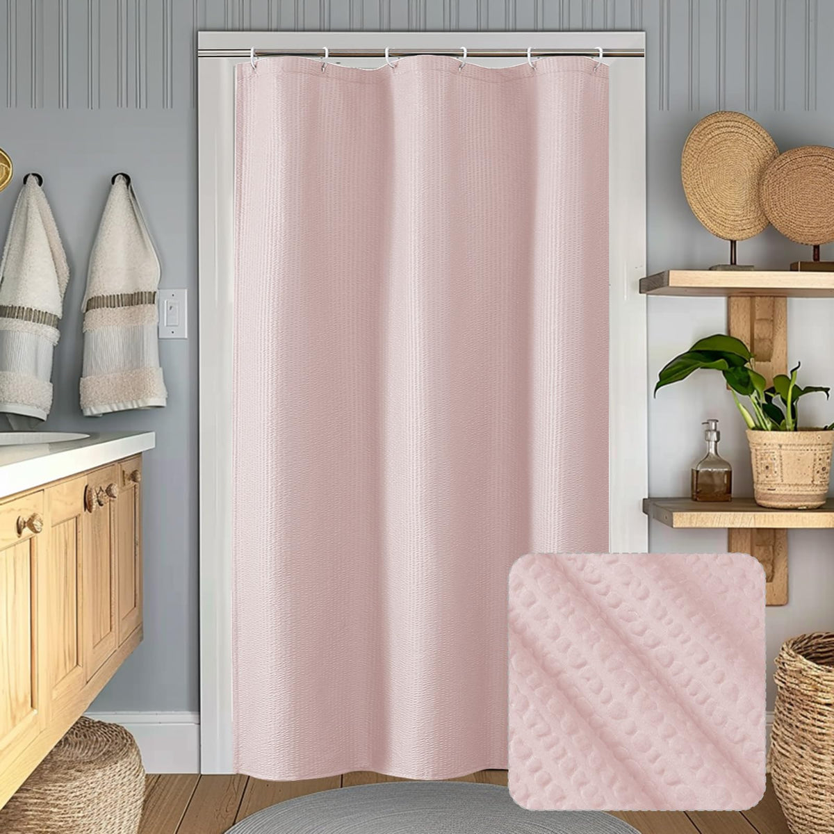 OWENIE Pink Shower Curtain for Bathroom 72x72 Inch, 3D Embossed Textured Waffle Fabric Shower Curtains, Soft Hotel Farmhouse Style, Water Repellent, Machine Washable, Pink, 72" W x 72" L