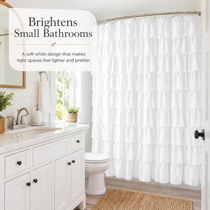 White Ruffle Shower Curtain for Bathroom,72 x 72 Inches, Farmhouse Style