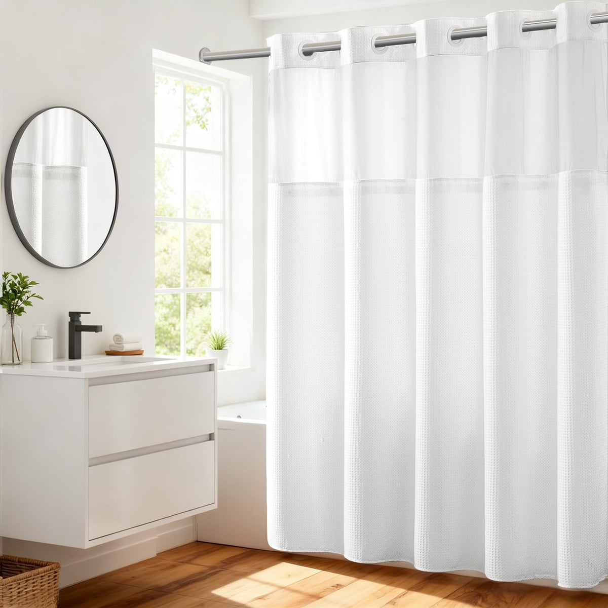 River Dream Waffle No Hook Shower Curtain with Liner,Navy Blue,71x74