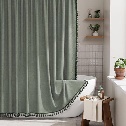 AmazerBath Boho Shower Curtain, Modern Farmhouse Shower Curtain Set with Tassels, Rustic Faux Linen Green Striped Shower Curtain with Hooks, Light Tan Toned, 72x72 Inches