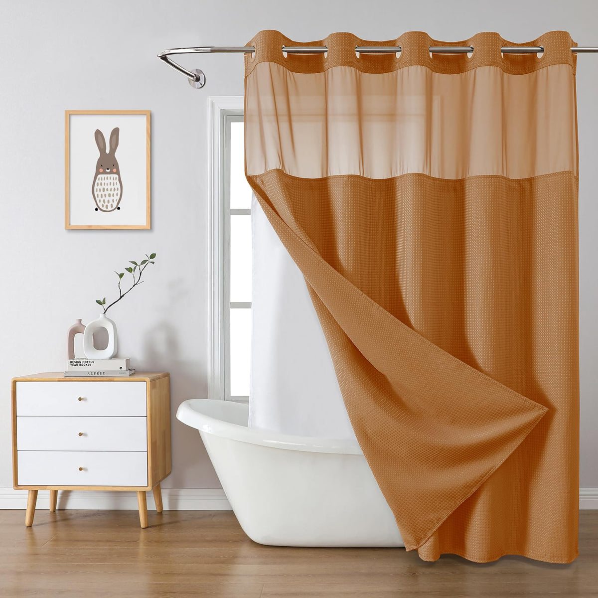 No Hook Extra Long Waffle Shower Curtain with Snap-in Liner,71x98,SageGreen