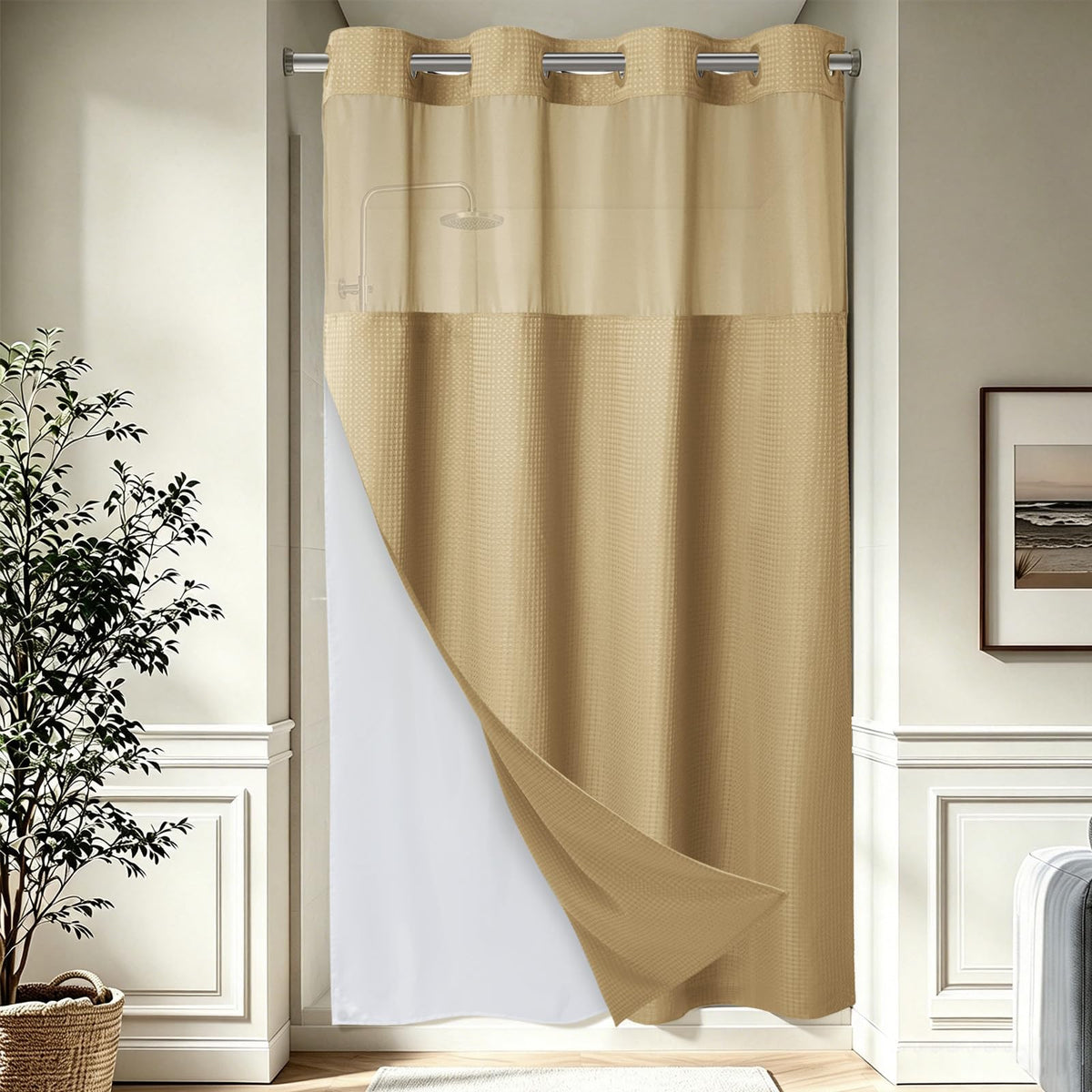 256GSM Heavyweight Ringless Waffle Shower Curtain with Liner, 71x74, Grey