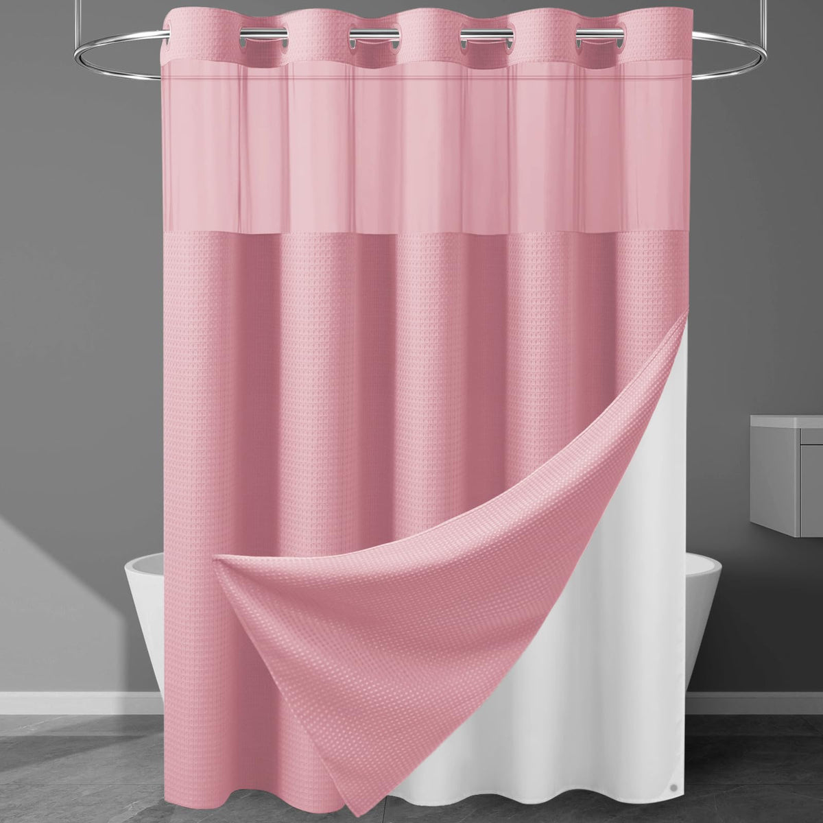256GSM Heavyweight Ringless Waffle Shower Curtain with Liner, 71x74, Grey