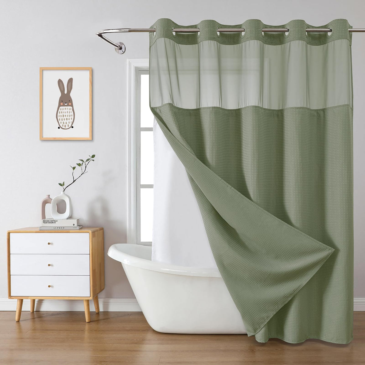 No Hook Extra Long Waffle Shower Curtain with Snap-in Liner,71x98,SageGreen