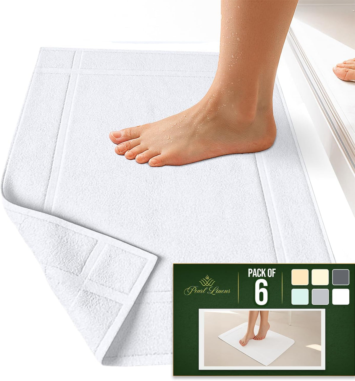 Pearl Linens 6 Pack Cotton Bath Mats for Bathroom, 20" X 30", White