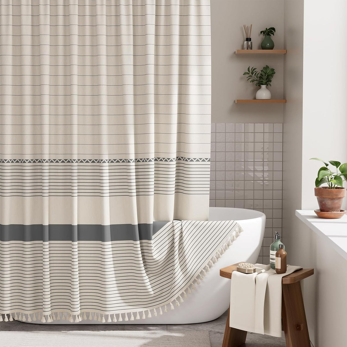 AmazerBath Boho Shower Curtain, Modern Farmhouse Shower Curtain Set with Tassels, Rustic Faux Linen Green Striped Shower Curtain with Hooks, Light Tan Toned, 72x72 Inches