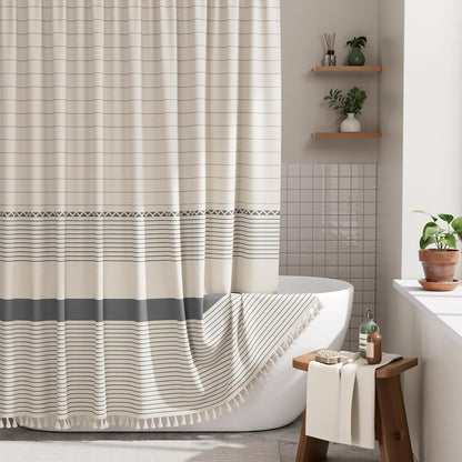 AmazerBath Boho Shower Curtain, Modern Farmhouse Shower Curtain Set with Tassels, Rustic Faux Linen Green Striped Shower Curtain with Hooks, Light Tan Toned, 72x72 Inches