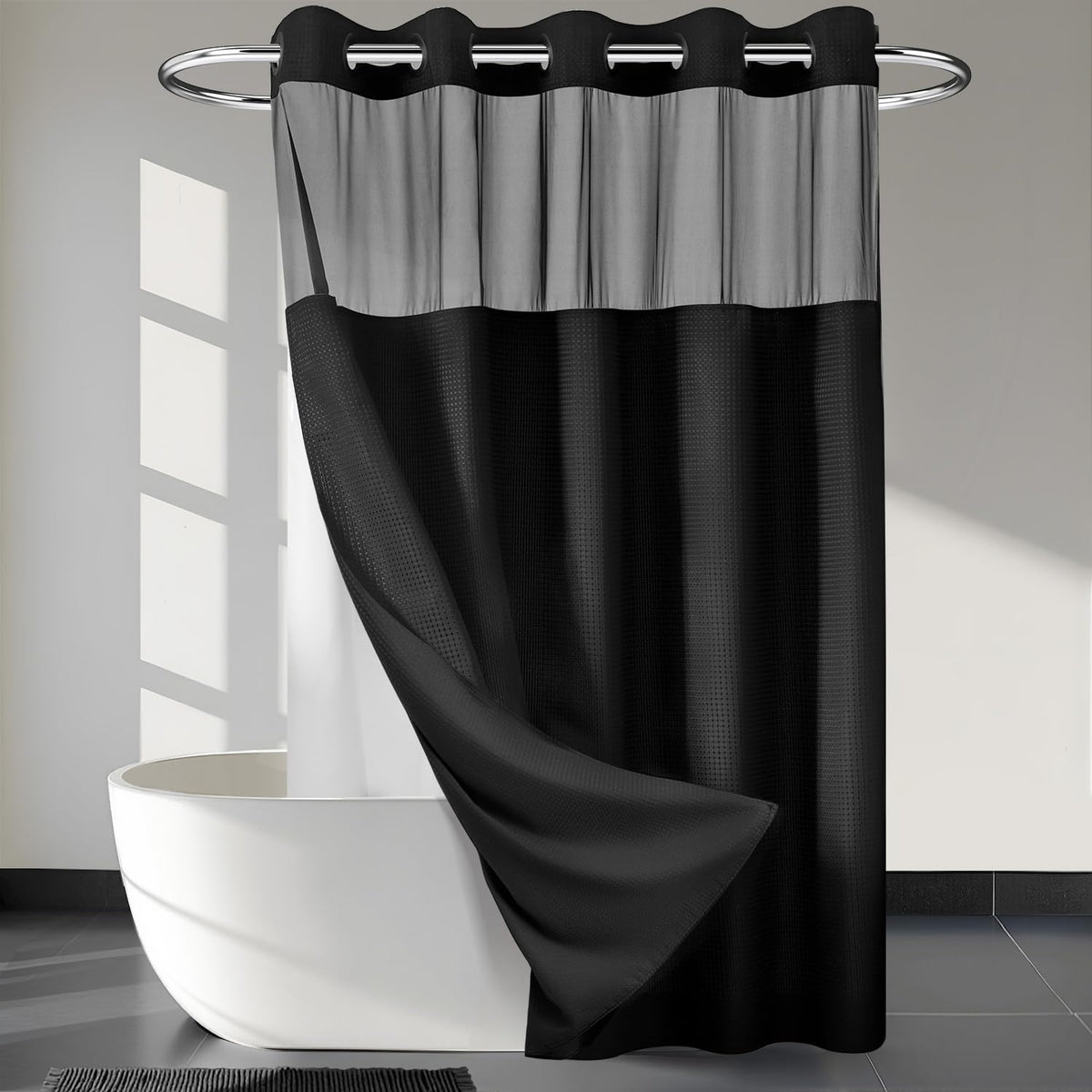 River Dream Waffle No Hook Shower Curtain with Liner,Navy Blue,71x74
