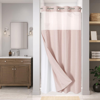 Eachope No Hooks Polyester Textured Shower Curtain with Snap-in Fabric Liner Set, Hotel Luxury Decor Shower Curtains for Bathroom with See Through Top Window, Waterproof & Washable, 71Wx74H, Cream