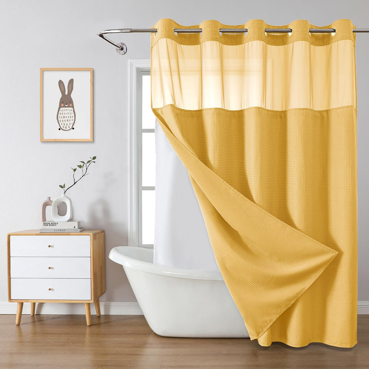 No Hook Extra Long Waffle Shower Curtain with Snap-in Liner,71x98,SageGreen
