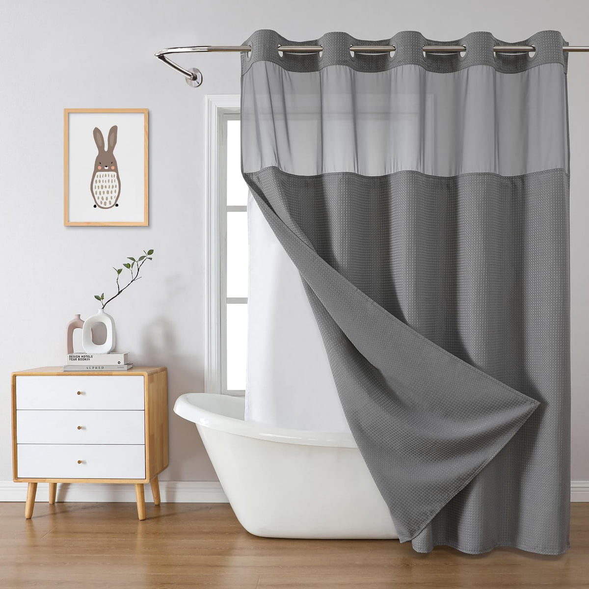 No Hook Extra Long Waffle Shower Curtain with Snap-in Liner,71x98,SageGreen