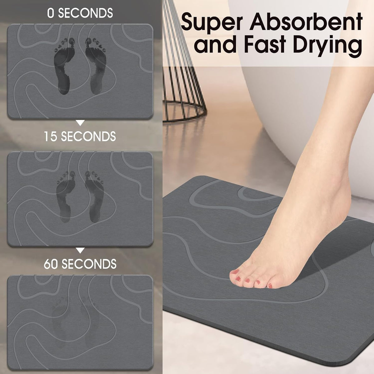 Stone Bath Mat for Bathroom, Diatomaceous Earth Shower Mat, Quick Dry, Grey