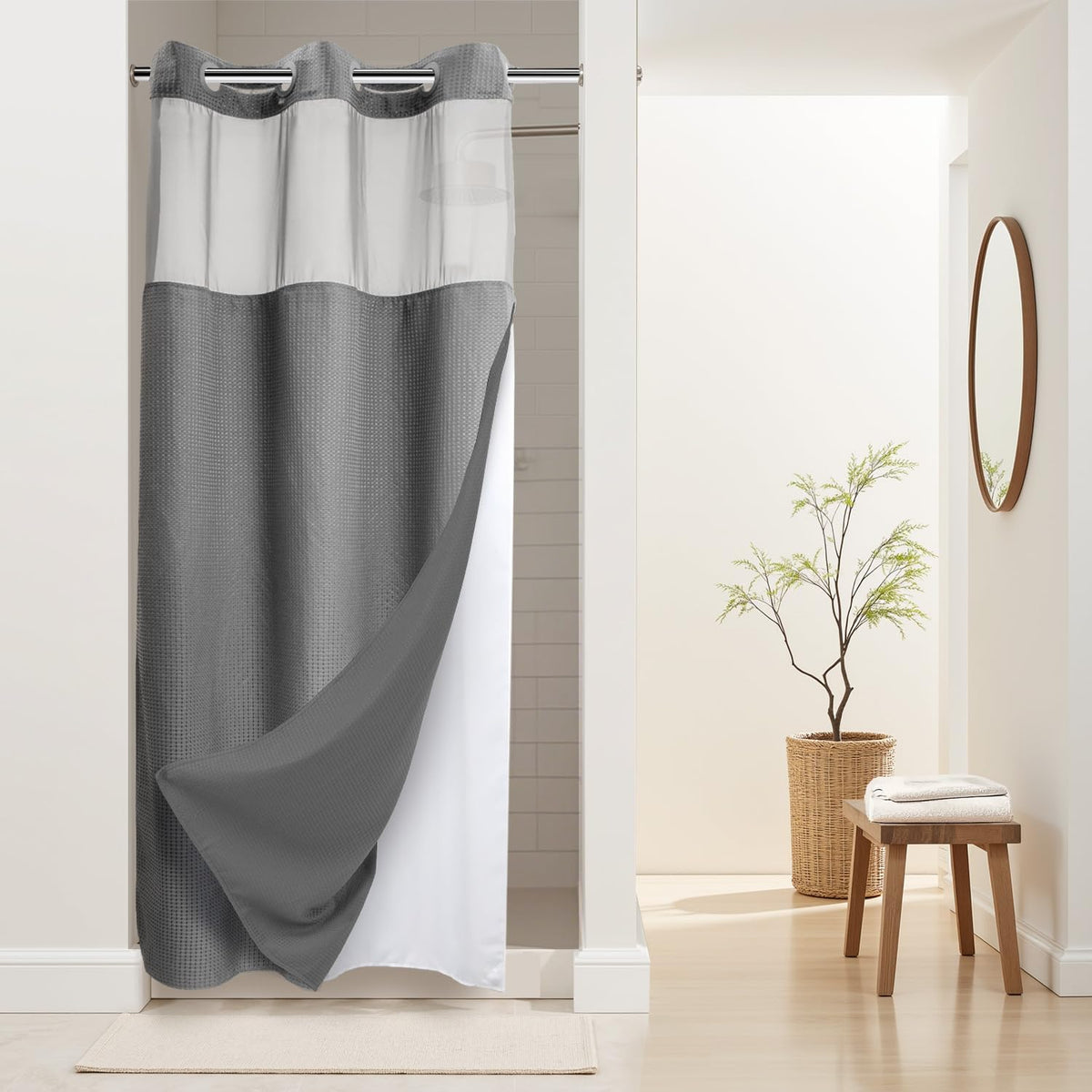 River Dream Waffle No Hook Shower Curtain with Liner,Navy Blue,71x74