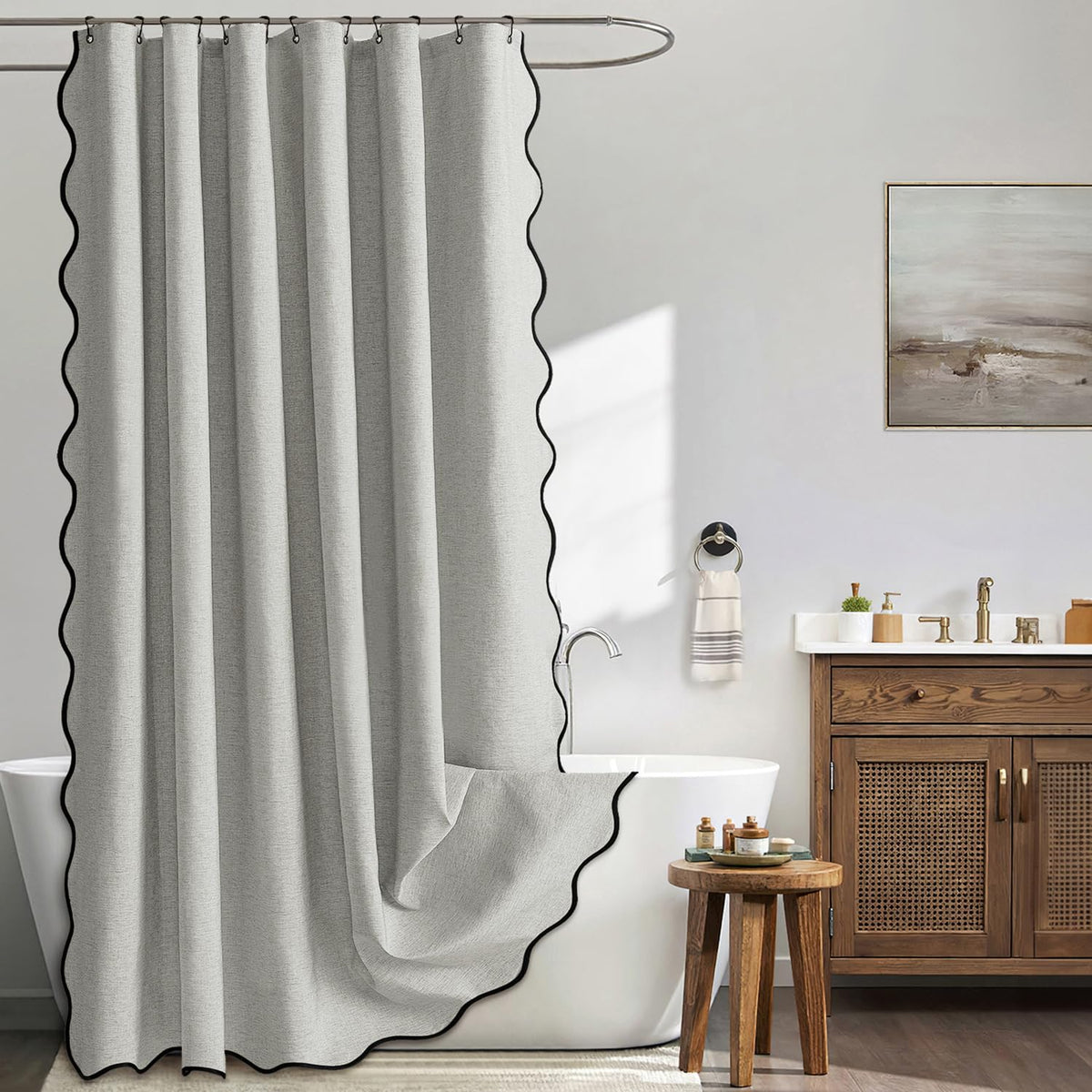 MIULEE 72"x84" Extra Long Scalloped Linen Shower Curtain Cream Beige