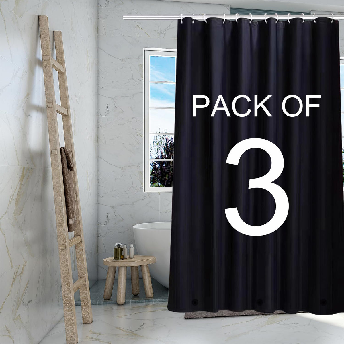 TIKABC Black Shower Curtain Liner, 4G PEVA Shower Liner, Plastic Waterproof Shower Curtains, 72x72 inch with Grommet Holes 3 Magnetic Weights(Black)