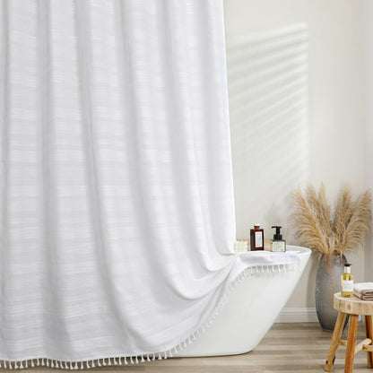 OVZME Natural Linen Shower Curtain for Bathroom, Boho Farmhouse Rustic Striped Shower Curtain with Tassel, Textured Heavy Duty Vintage Country Bathroom Curtain, 72Wx72L Inches