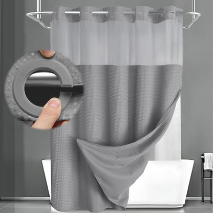 No Hook Shower Curtain with Liner Set Hotel Waffle Curtain Black 72W X 75L