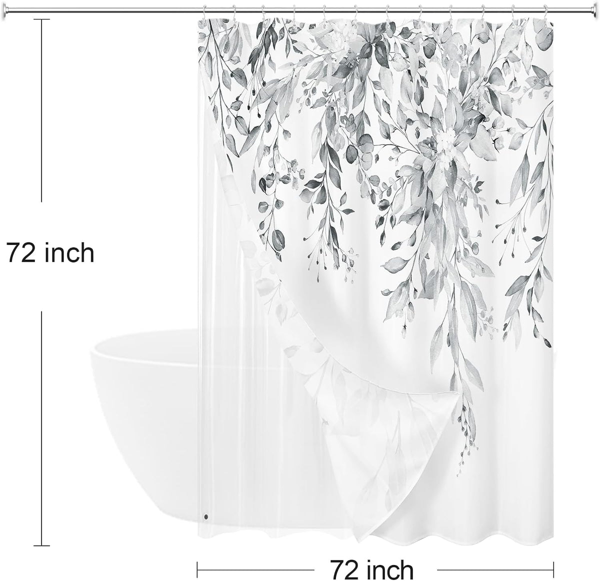 Gibelle 3 in 1 Shower Curtain Set, Grey Eucalyptus Curtain 72x72