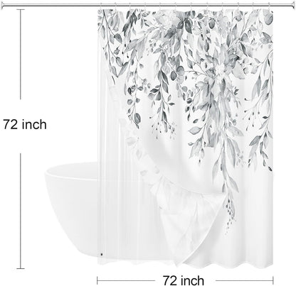 Gibelle 3 in 1 Shower Curtain Set, Grey Eucalyptus Curtain 72x72