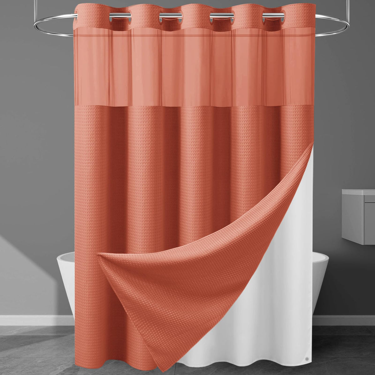 256GSM Heavyweight Ringless Waffle Shower Curtain with Liner, 71x74, Grey