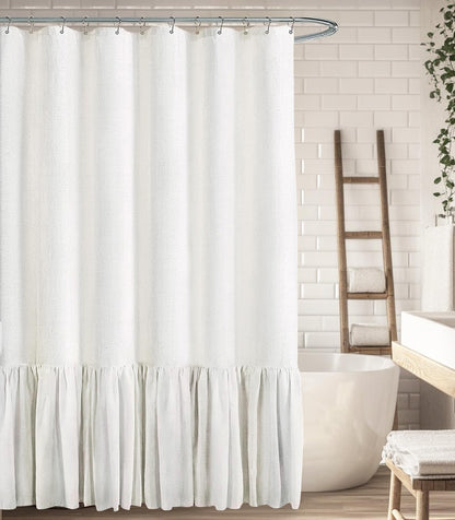 Farmhouse Shower Curtain Ruffle Linen Cream-Green Stripe 72"W x 72"L