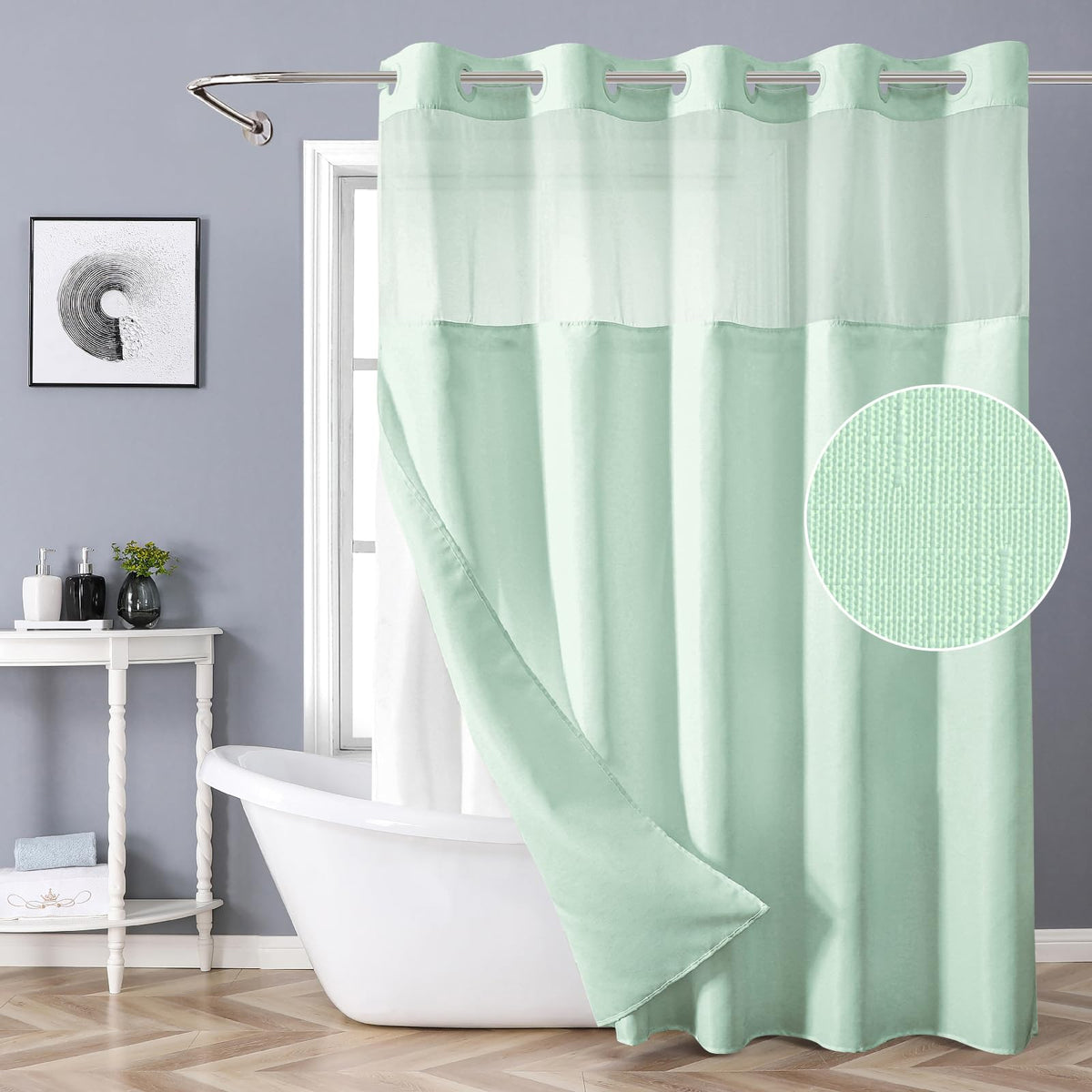 eachope White No Hook Shower Curtain with Snap-in Fabric Liner Set,Slub Textured Fabric Shower Curtains for Bathroom,Hotel Style Modern Shower Curtain,Water Repellent & Washable,71x74(72)