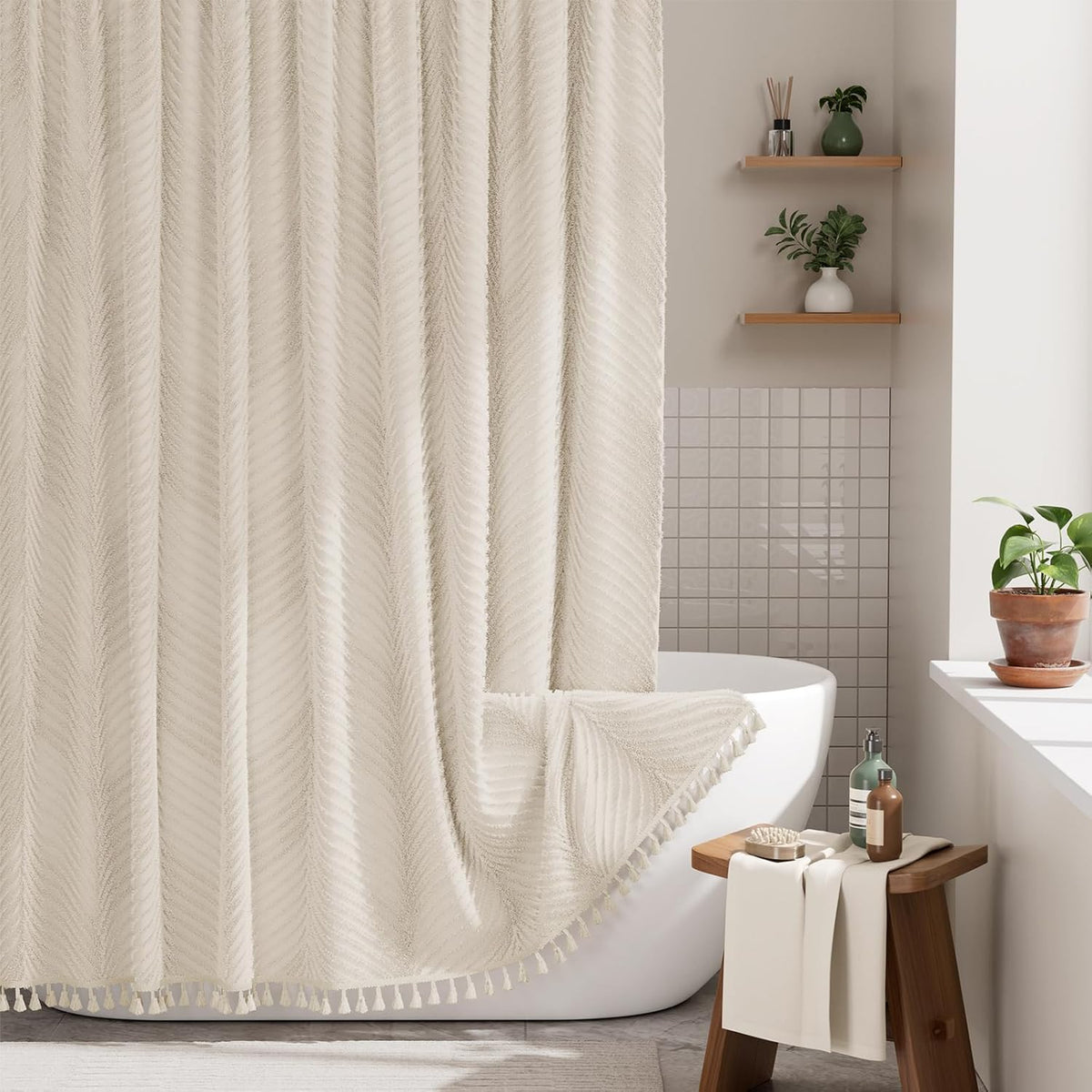 AmazerBath Boho Shower Curtain, Modern Farmhouse Shower Curtain Set with Tassels, Rustic Faux Linen Green Striped Shower Curtain with Hooks, Light Tan Toned, 72x72 Inches