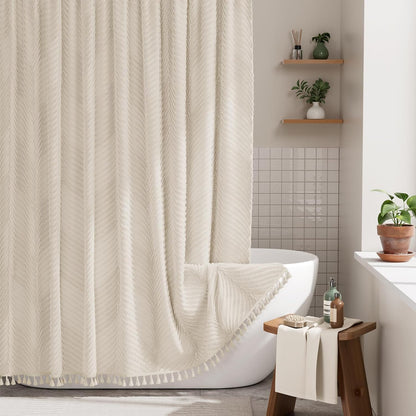 AmazerBath Boho Shower Curtain, Modern Farmhouse Shower Curtain Set with Tassels, Rustic Faux Linen Green Striped Shower Curtain with Hooks, Light Tan Toned, 72x72 Inches