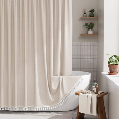 AmazerBath Boho Shower Curtain, Modern Farmhouse Shower Curtain Set with Tassels, Rustic Faux Linen Green Striped Shower Curtain with Hooks, Light Tan Toned, 72x72 Inches
