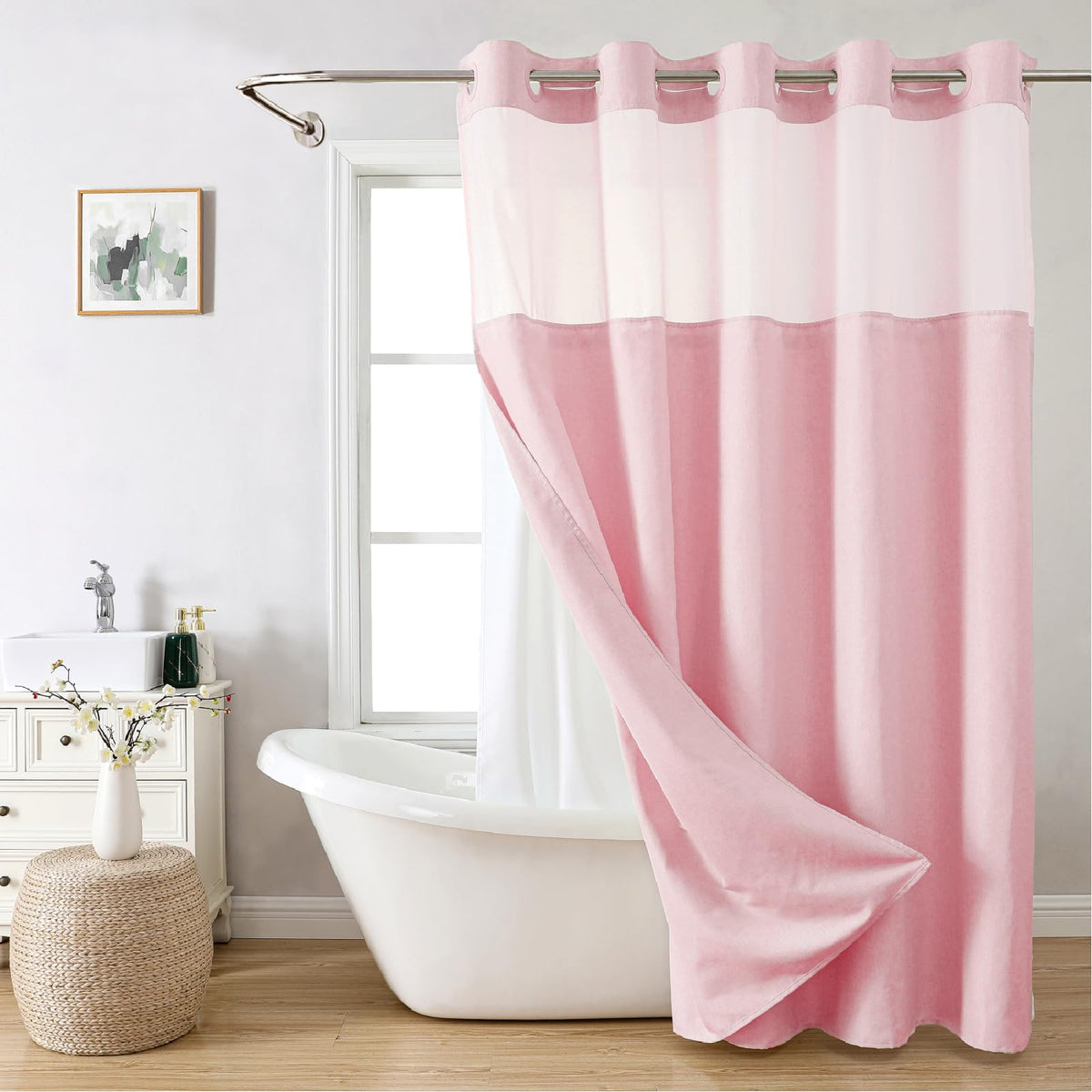Eachope No Hooks Polyester Textured Shower Curtain with Snap-in Fabric Liner Set, Hotel Luxury Decor Shower Curtains for Bathroom with See Through Top Window, Waterproof & Washable, 71Wx74H, Cream