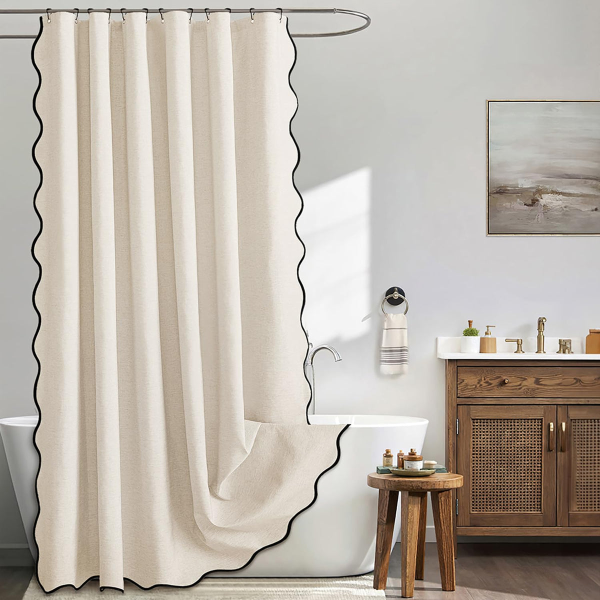 MIULEE 72"x84" Extra Long Scalloped Linen Shower Curtain Cream Beige