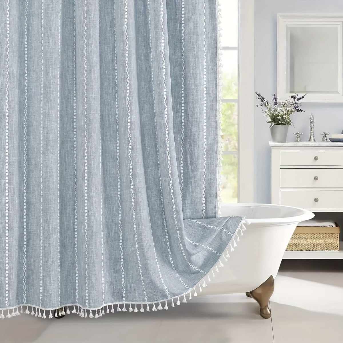 1pc Striped Polyester Shower Curtain, 72" x 72", Bohemian Style Vertical Stripe Texture with White Hooks Included