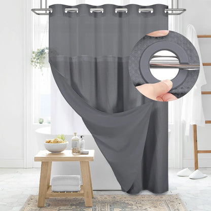 DYNAMENE Premium No-Hook Washable Waffle Weave Shower Curtain Set, Heavy-Duty Double Layer with Snap-In Detachable Waterproof Liner & Mesh Window, Contemporary Matte Finish Bathroom Accessory for Hotel-Inspired Bathroom Look