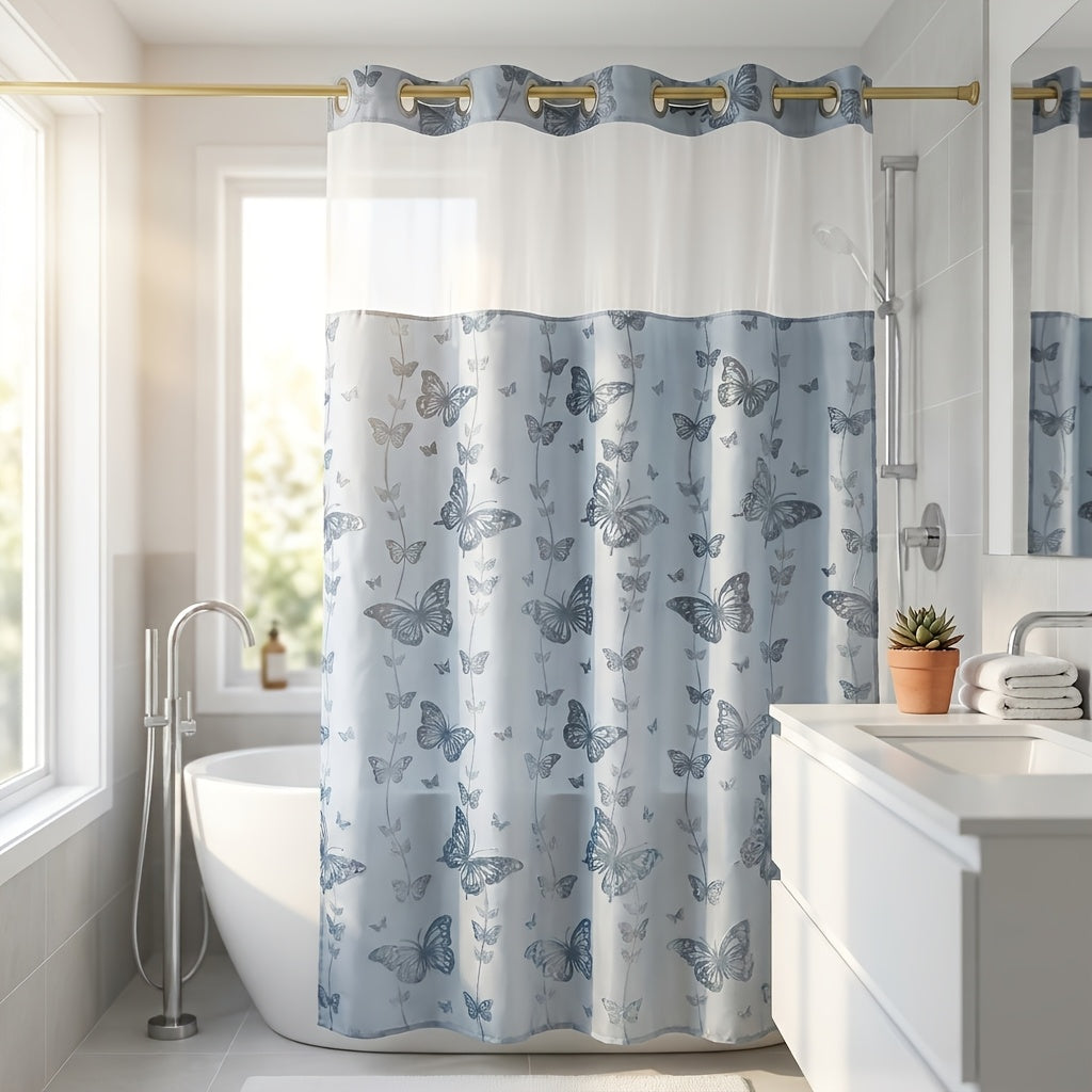 YRZTRK Blue Flocked Butterfly Shower Curtain with Mesh Top Window - No Hook Design Suitable for Bath, Double-Layer Flocked Bathroom Curtain, Machine Washable Window Panel for, Modern Farmhouse Decor for Bathtub Enclosure