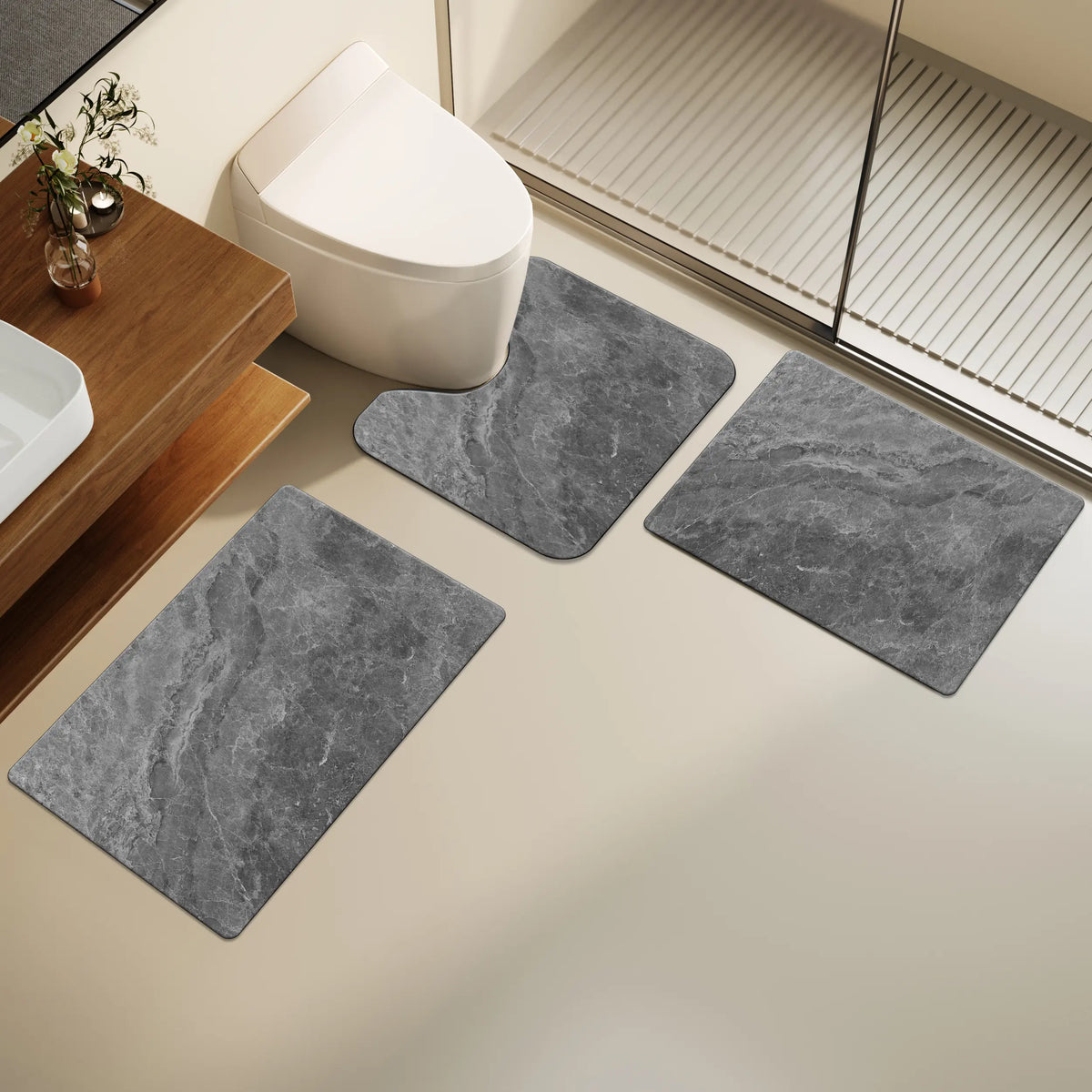 3-Piece Rectangle Non Slip Water Absorbent Bathroom Mat Set, 0.3-In Thick Rubber Foot Pad, Quick-Dry, Ideal for Bathroom Entrance, Under Sink Area, Kitchen Damp Spots