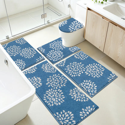 [Back to School] HEBE Washable Bathroom Rugs Sets 5 Piece, Soft Absorbent Microfiber Bath Mat for Bathroom, Non Slip Washable Bath Rug Set with Toilet Cover, Bath Runner and U-Shaped Contour Toilet Rug summerwins,home essentials