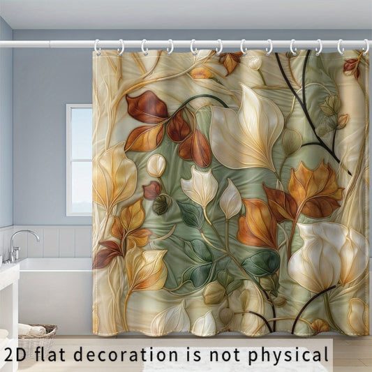 2D Flat, 2D Flat, 2D Flat Shower Curtain 1pc, Artistic Leaf Print Shower Curtain with Hooks - Yellow-Green Brown Plant Pattern, Durable Polyester Fabric, Machine Washable, Multi-Size for Bathtub And Bathroom Decor, All-Season Home Decor