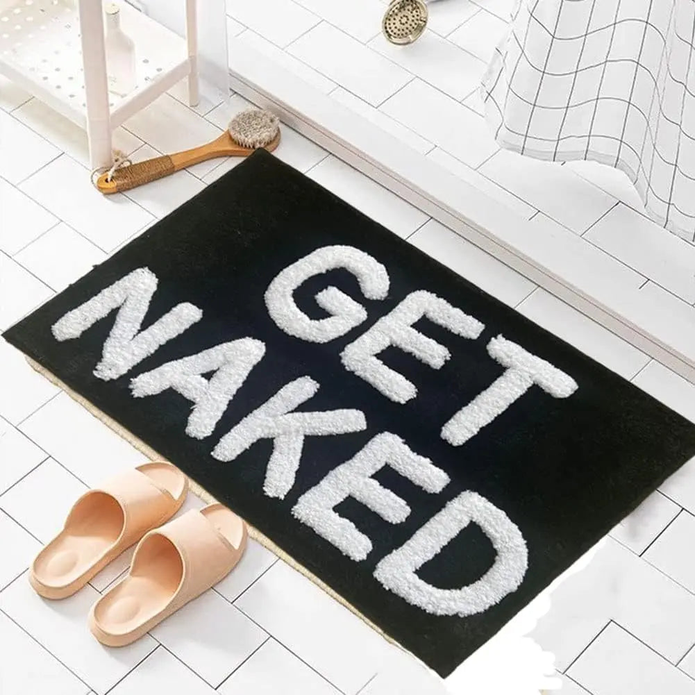 Black and White Microfiber Bath Mat - Home Supplies Floor Liners Bath Mats, Modern Non-Slip, Water Absorbent, Super Soft, Machine Washable, Low Effort, "GET NAKED" Text Print for Vanity Bathroom Decor (From Bathroom to Living Room), Soft Absorbent Mats, S