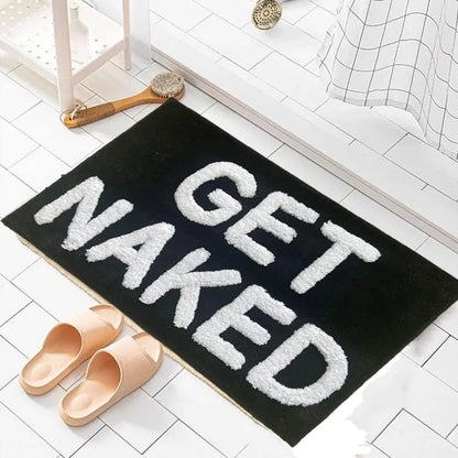 Black and White Microfiber Bath Mat - Home Supplies Floor Liners Bath Mats, Modern Non-Slip, Water Absorbent, Super Soft, Machine Washable, Low Effort, "GET NAKED" Text Print for Vanity Bathroom Decor (From Bathroom to Living Room), Soft Absorbent Mats, S