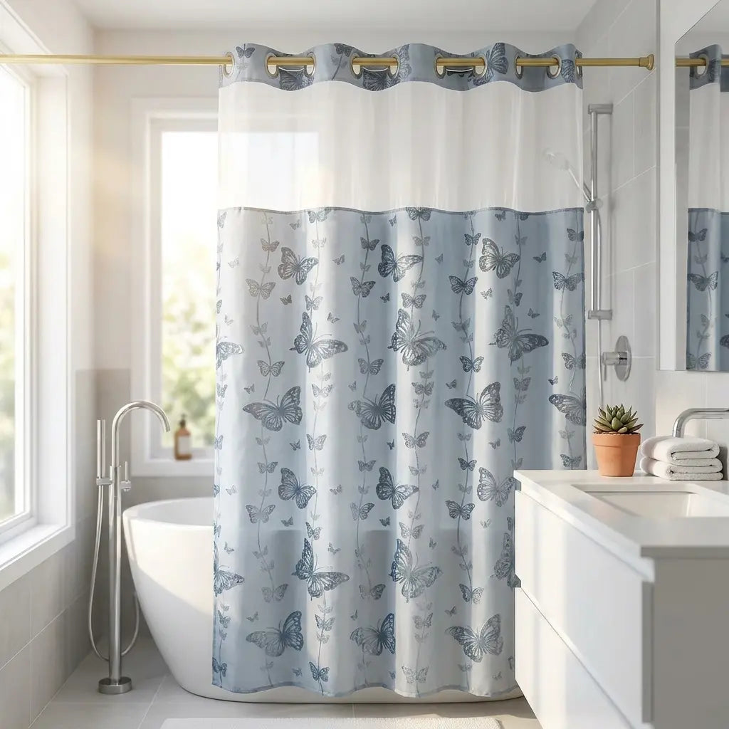 YRZTRK Hookless Blue Flocked Butterfly Double-Layer Shower Curtain with Mesh Top Window, Mesh Fabric, Easy Installation, Farmhouse & Modern Home Decoration, 72x75 in Bathroom Curtain