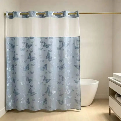 YRZTRK Hookless Blue Flocked Butterfly Double-Layer Shower Curtain with Mesh Top Window, Mesh Fabric, Easy Installation, Farmhouse & Modern Home Decoration, 72x75 in Bathroom Curtain
