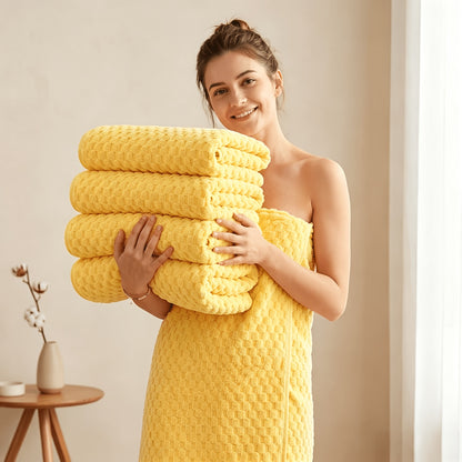 5pcs Coral Fleece Bath Towel Set, 4 Soft Absorbent Bath Towels 27" X 55" with Hair Drying Cap, Quick Dry Plush Towels with Hanging Loop for Bathroom, Shower, Home