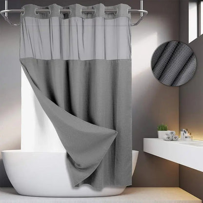 72x75 in Solid Double-Layer Fabric Shower Curtain Set - Waterproof Straight Waffle Weave, Snap-in Liner, Top Sheer Window, Adjustable Rod Compatible, Non-Slip, Modern Dark Grey, Water-Draining Home Bathroom Accessory, Shower Curtains