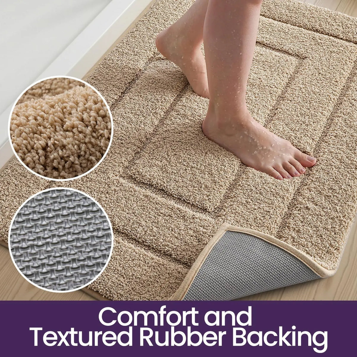 DEXI Bathroom Rug (24x16in), Non-Slip Machine Washable Bath Mat with Rubber Backing, Absorbent Soft Quick-Dry Microfiber Shaggy Indoor Shower Floor Rug, Beige, Machine Washable Rugs,back to school,dorm essentials,home decor,home essentials