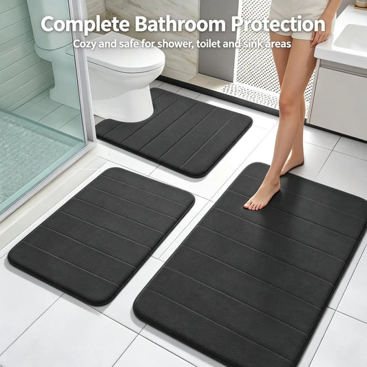 3 Piece Luxury Memory Foam Bathroom Mat Set, Soft Absorbent Quick Dry Non‑Slip Washable Bath Rugs for Shower Toilet Vanity